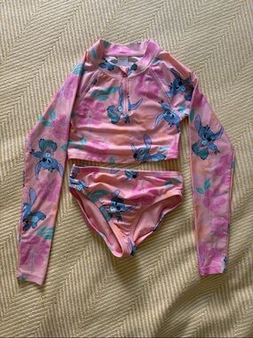 Disney Pink Stitch Floral Long-Sleeve Rash Guard Swim Set